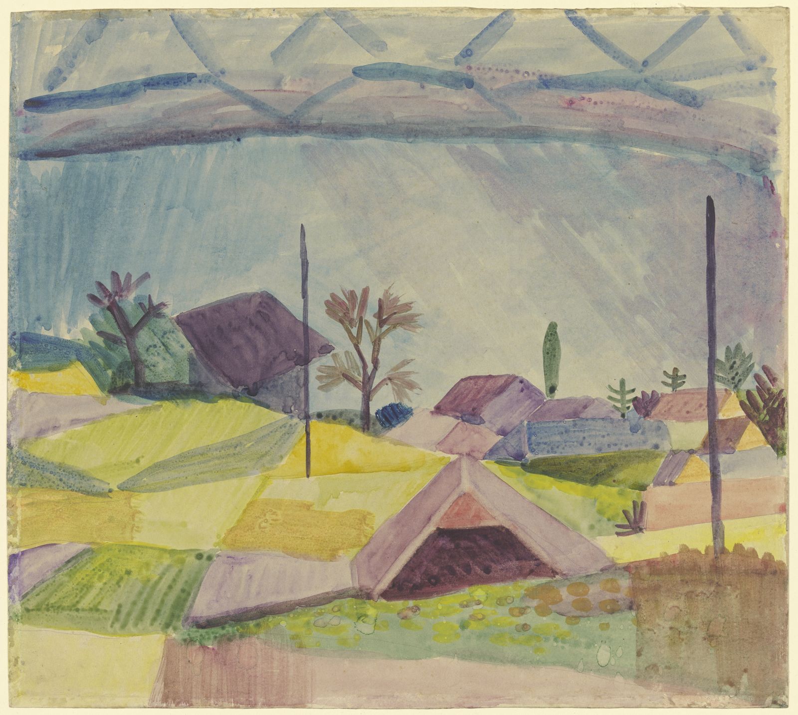 A watercolor painting of the Swiss lakeside village of Hilterfingen, showing steep triangular farm roofs and a foreground hay shed, framed by the ridge poles of a tent