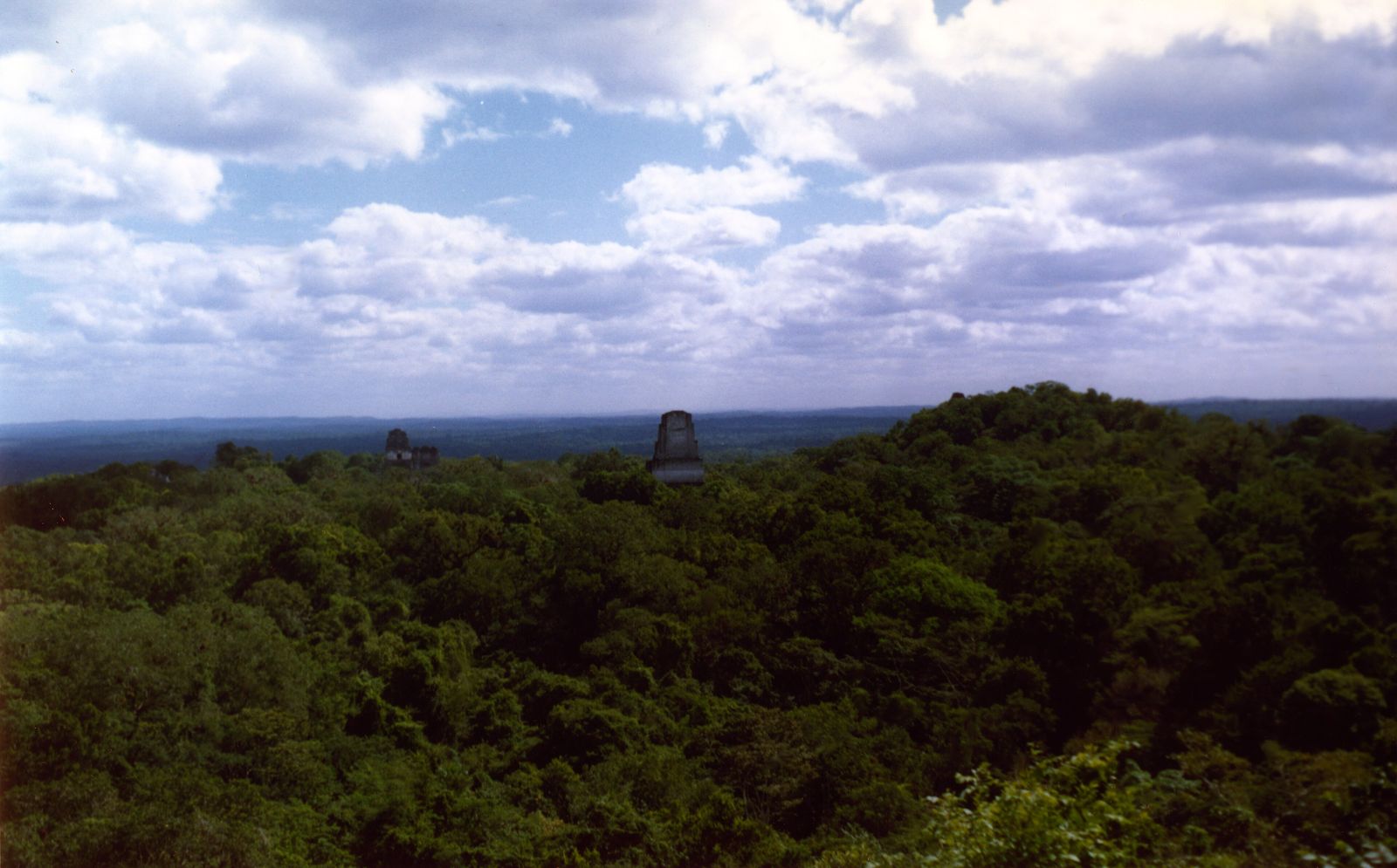 Ancient stone temple rising above the jungle canopy at Tikal, Guatemala