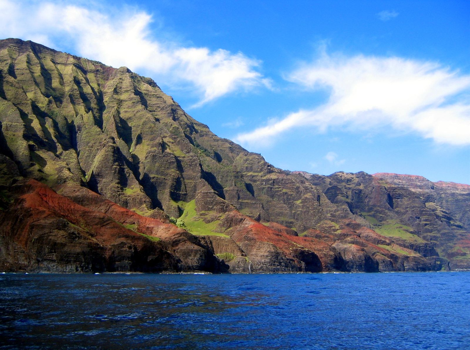 Steep, forested sea cliffs of Kauai's Napali Coast rising above the Pacific Ocean