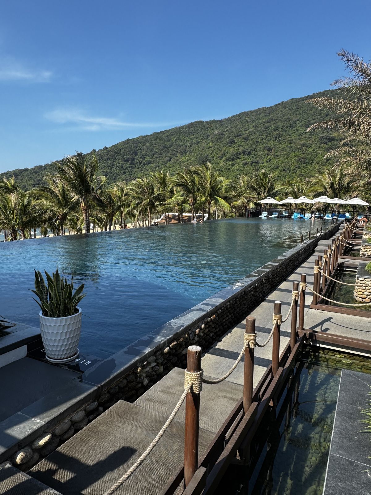 Infinity pool overlooking a wide tropical valley of jungle terrain