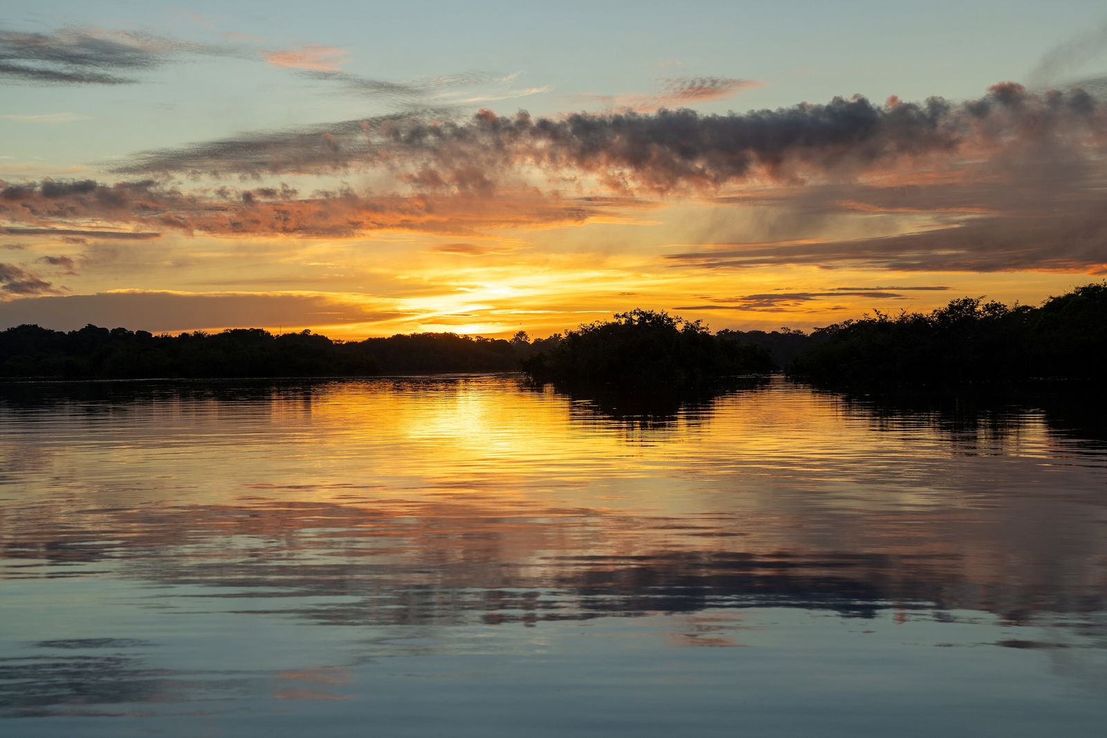 The Amazon river at sunset near Manaus, Brazil, with orange light reflecting off the water and silhouetted forest on the horizon