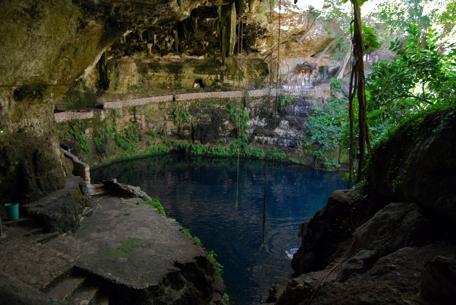 A cenote in the Yucatan Peninsula, its clear turquoise water lit by sunlight filtering through an opening in the limestone ceiling