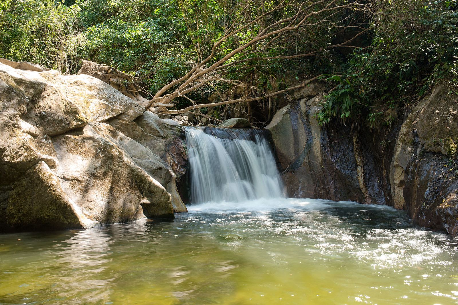 A jungle waterfall near Minca, Colombia, dropping into a clear swimming pool surrounded by dense green forest