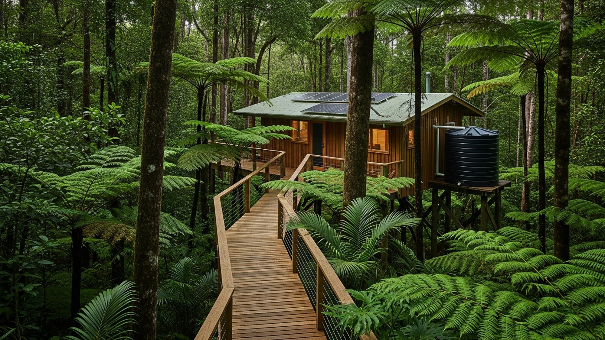 An off-grid timber eco-cabin on stilts in rainforest with solar panels, a water tank and a raised walkway