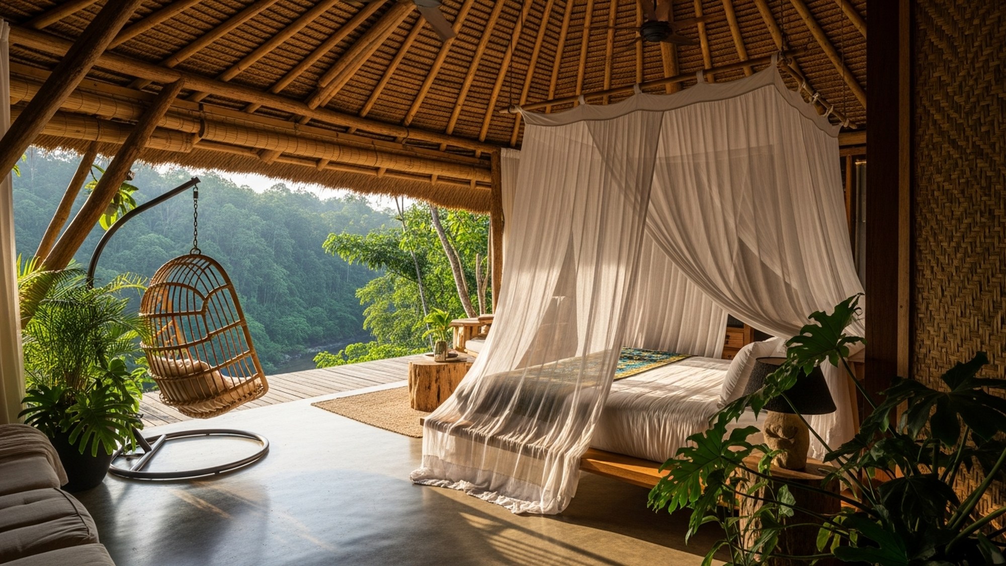 Open-air jungle villa interior with a mosquito-net canopy bed opening onto dense rainforest